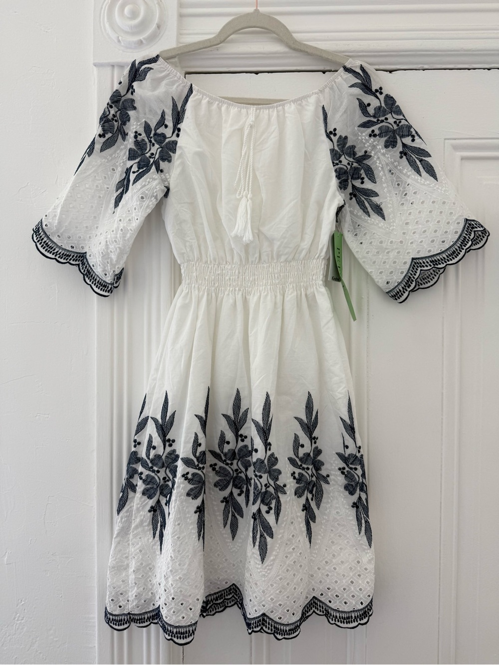 Kindred White Cotton Eyelet Dress with Navy Floral Embroidery